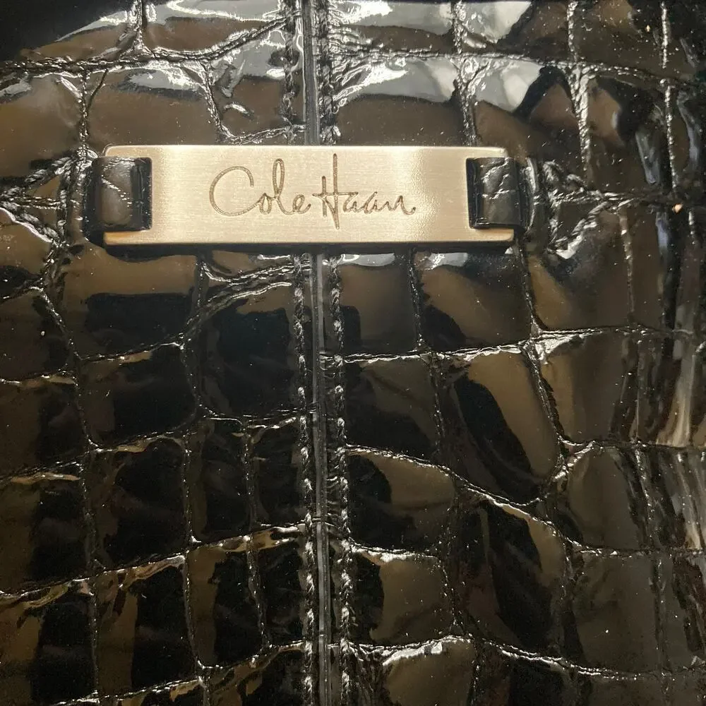 Cole Haan Hobo Bag Womens Black Patent Leather Croc Embossed Y2K Shoulder Purse